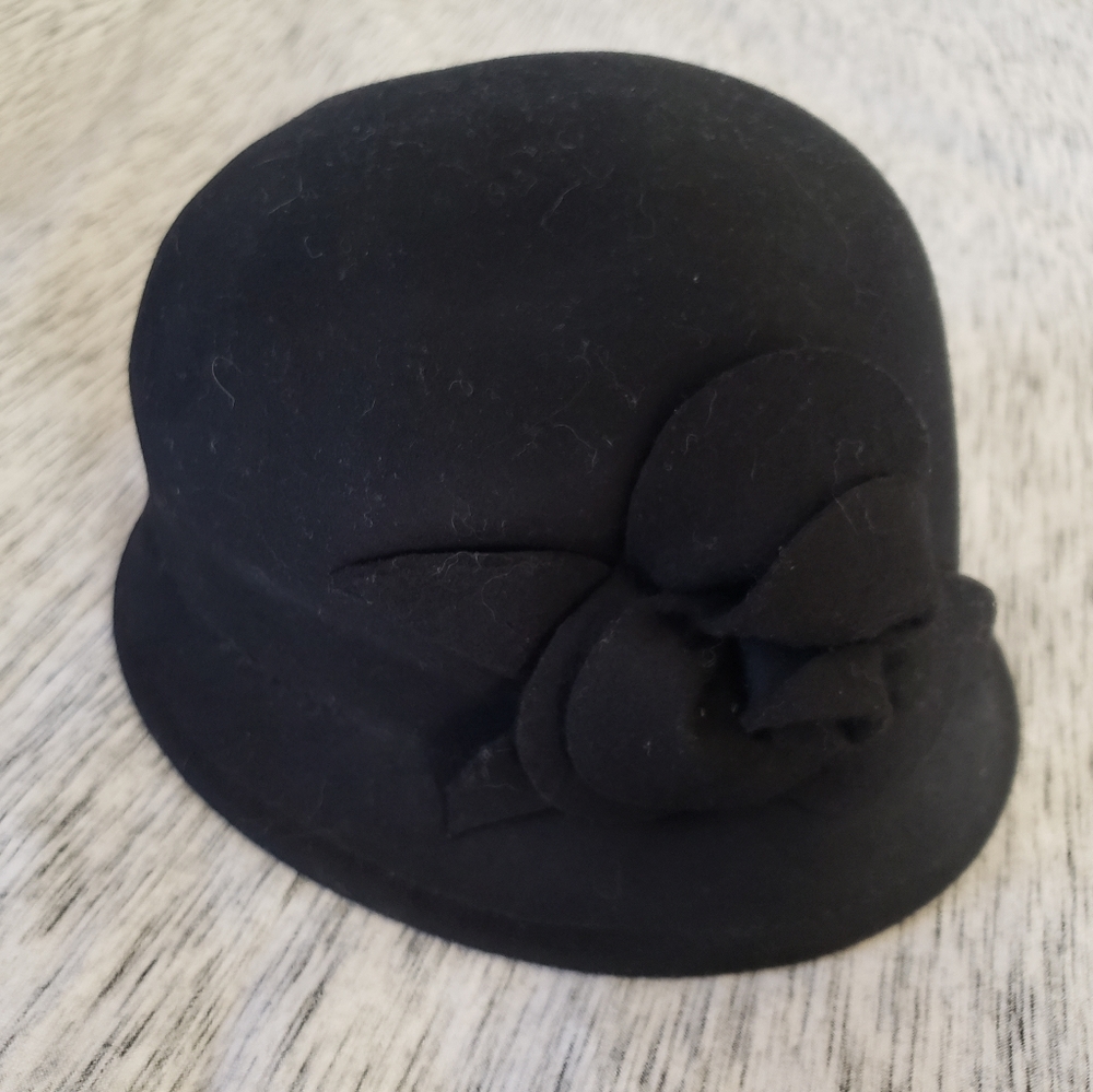 Black Wool Cloche Hat With Rosebud Embellishment